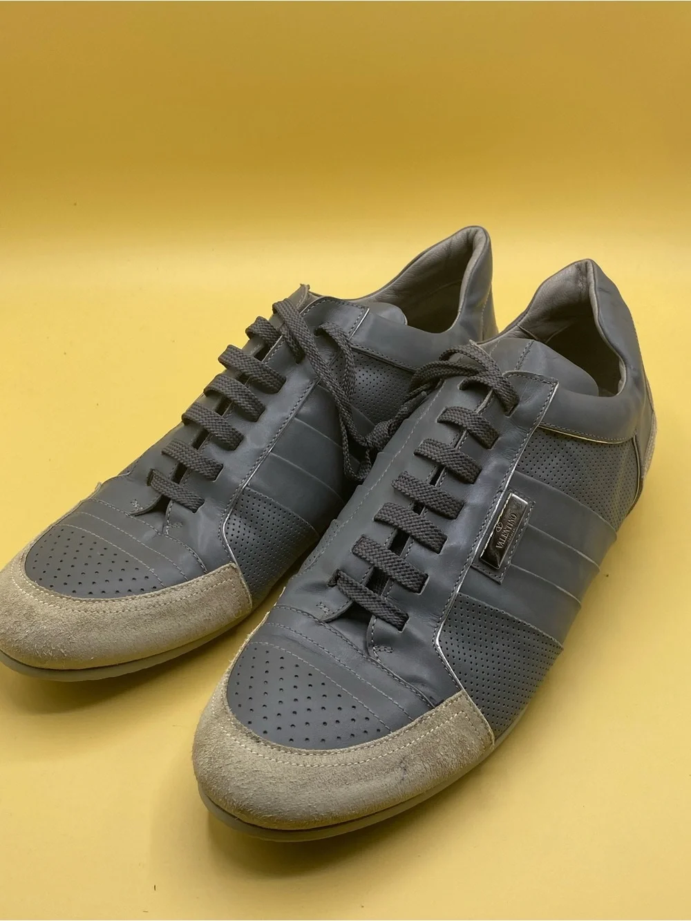 RARE Valentino Garavani Slate Blue Leather Sneakers with Beige Suede Trim